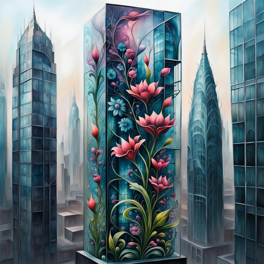 fantasy skyscaper, tattoo, glass building, inspired by flowers, organic glass shapes, ultra high quality, ...  by @Hennie