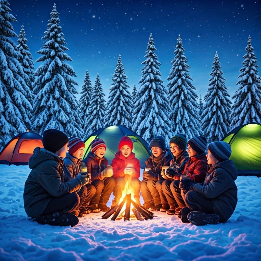 Happy Boys at Winter Campfire in Snowy Forest