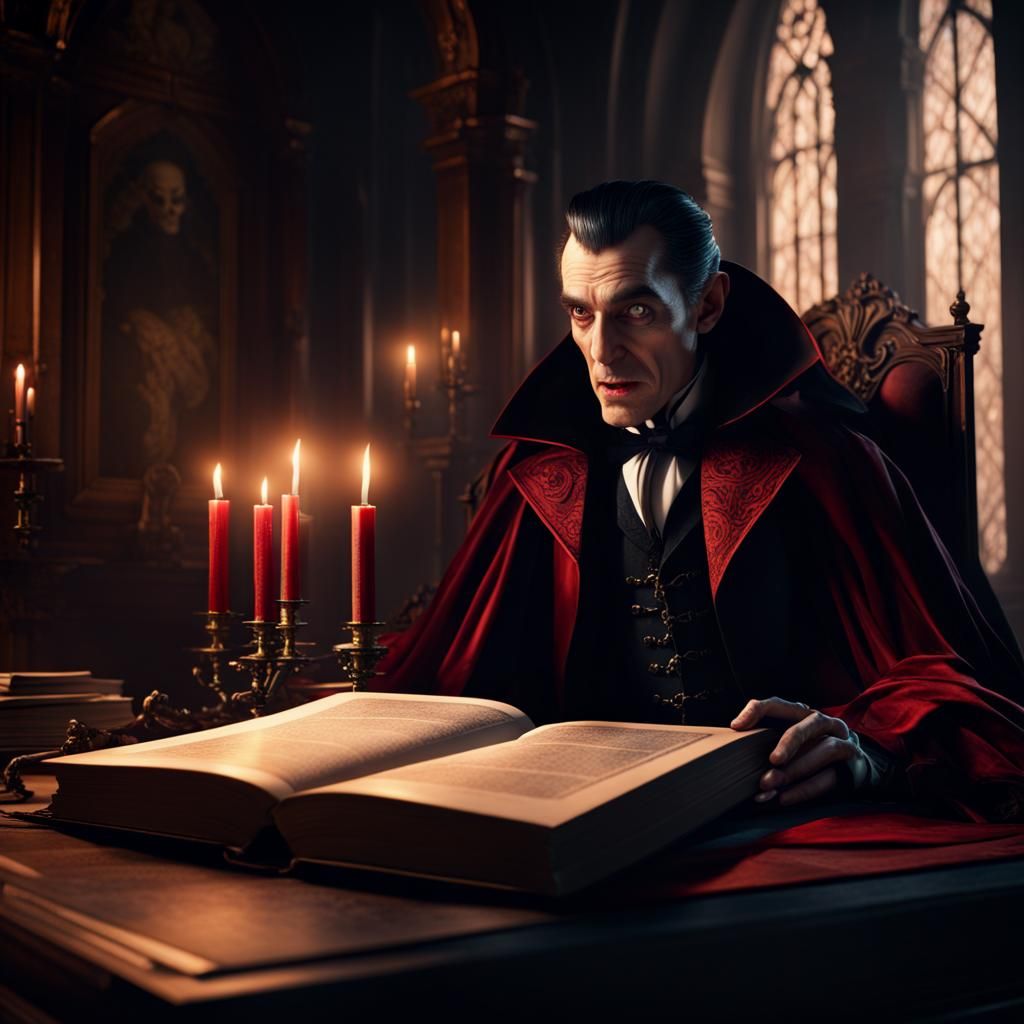 Dracula crawling out from  the pages of a book. Dimly lit room with candelabra on the table. 
  by @rteodo