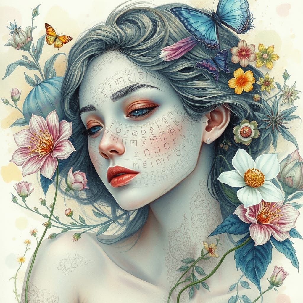 Ethereal Goddess with Runes and Watercolor Florals in Dreaml...