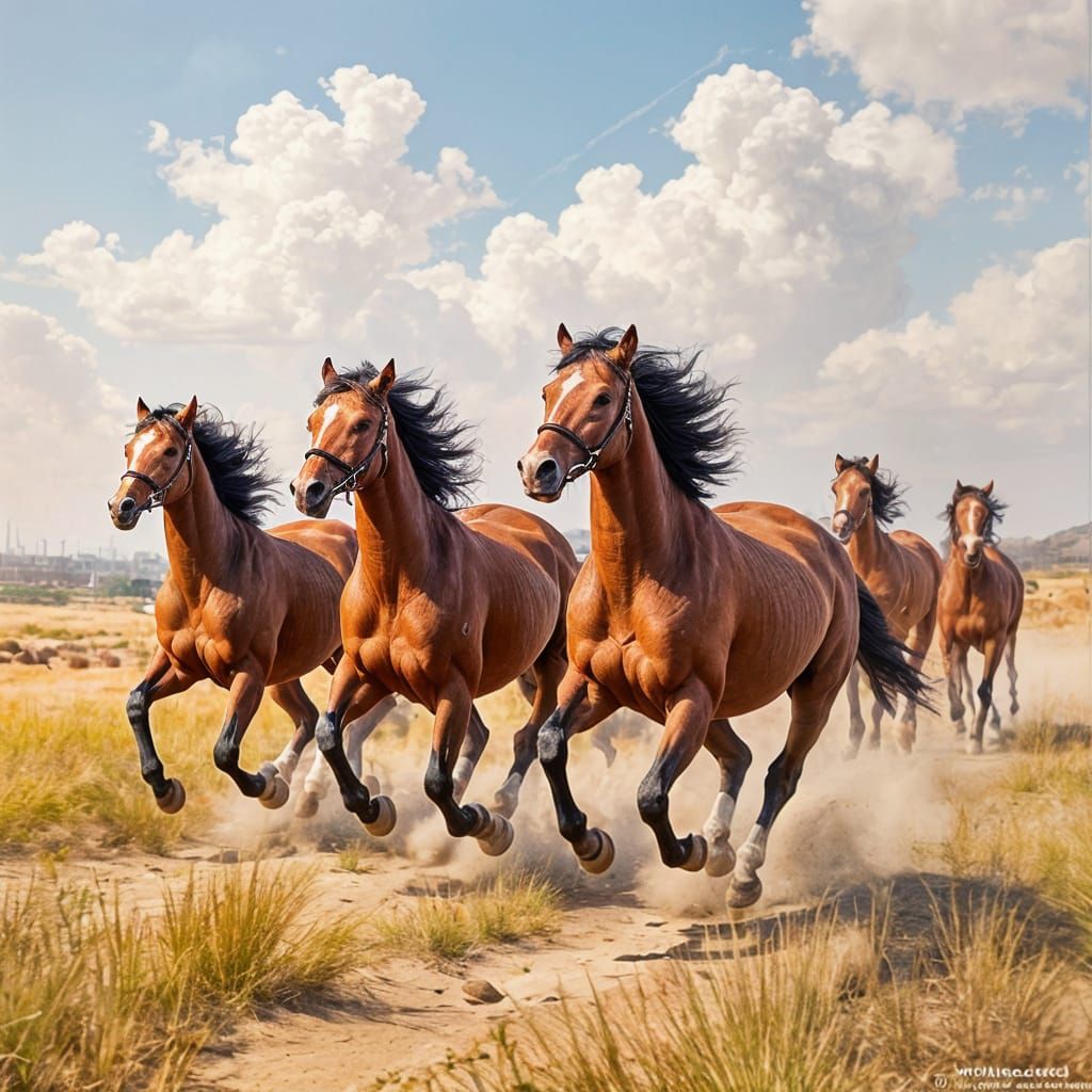 Wild Horses Galloping in Dramatic Oil Painting Style