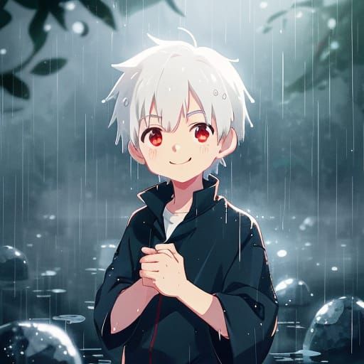 Smiling Boy in Rainy Day Serenity, Makoto Shinkai-Inspired
