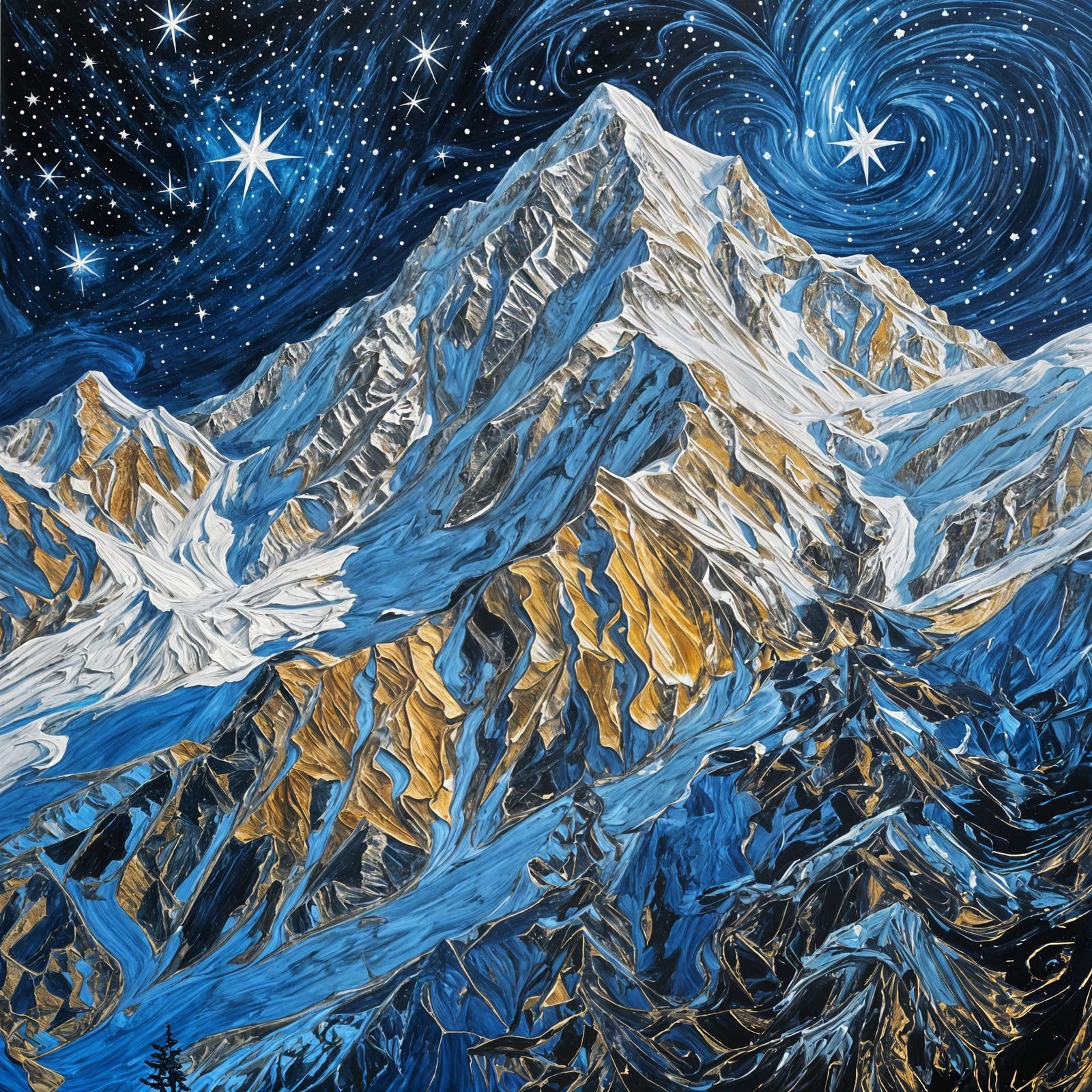Snowy Peaks Under Starry Sky as Impasto Art