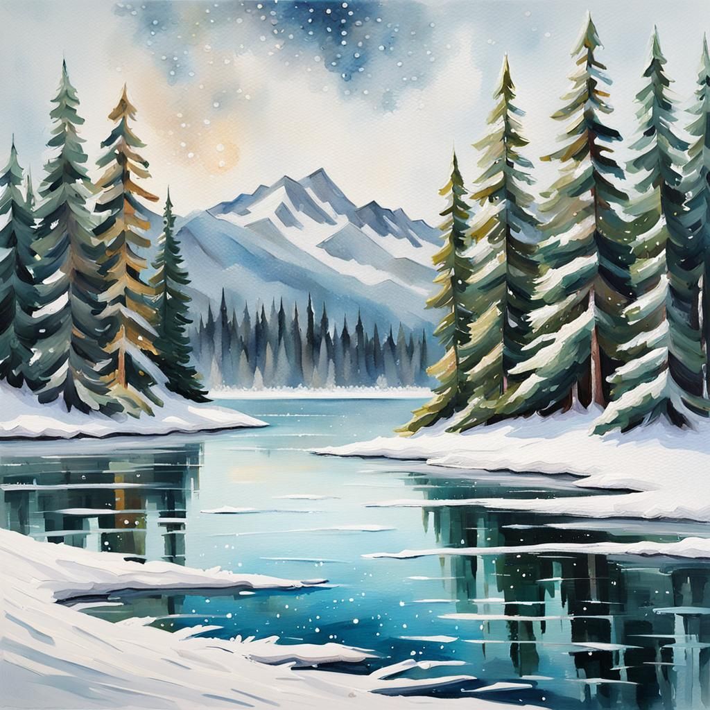 a gorgeous winter scene, frozen lake, spruce trees with snow, soft light, sparkles  by @Magic