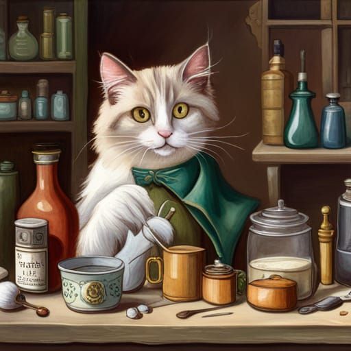 painting of a ragdoll cat making potions in the vintage apot...