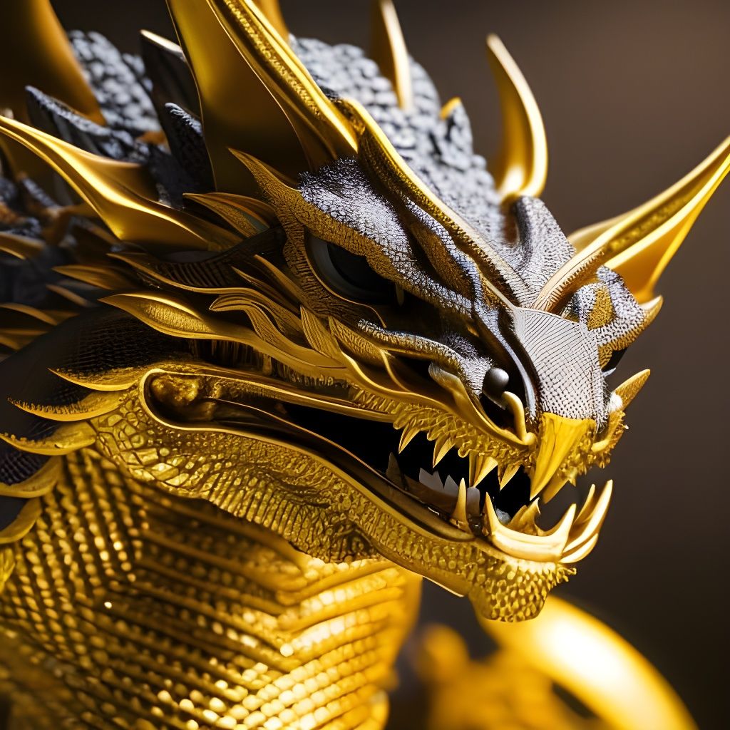 Gold sculpture of a dragon  by @Fungidelight