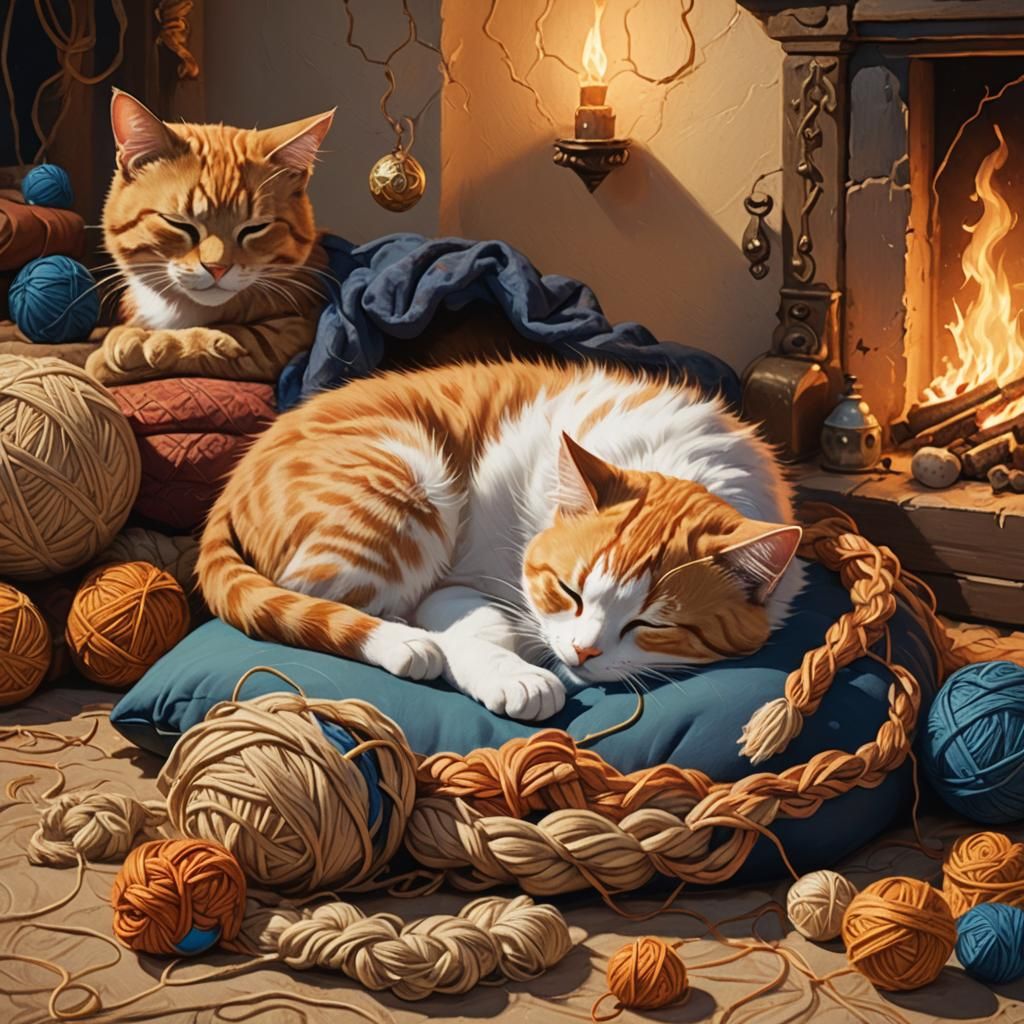 Cats by Firelight: A Fantasy Illustration