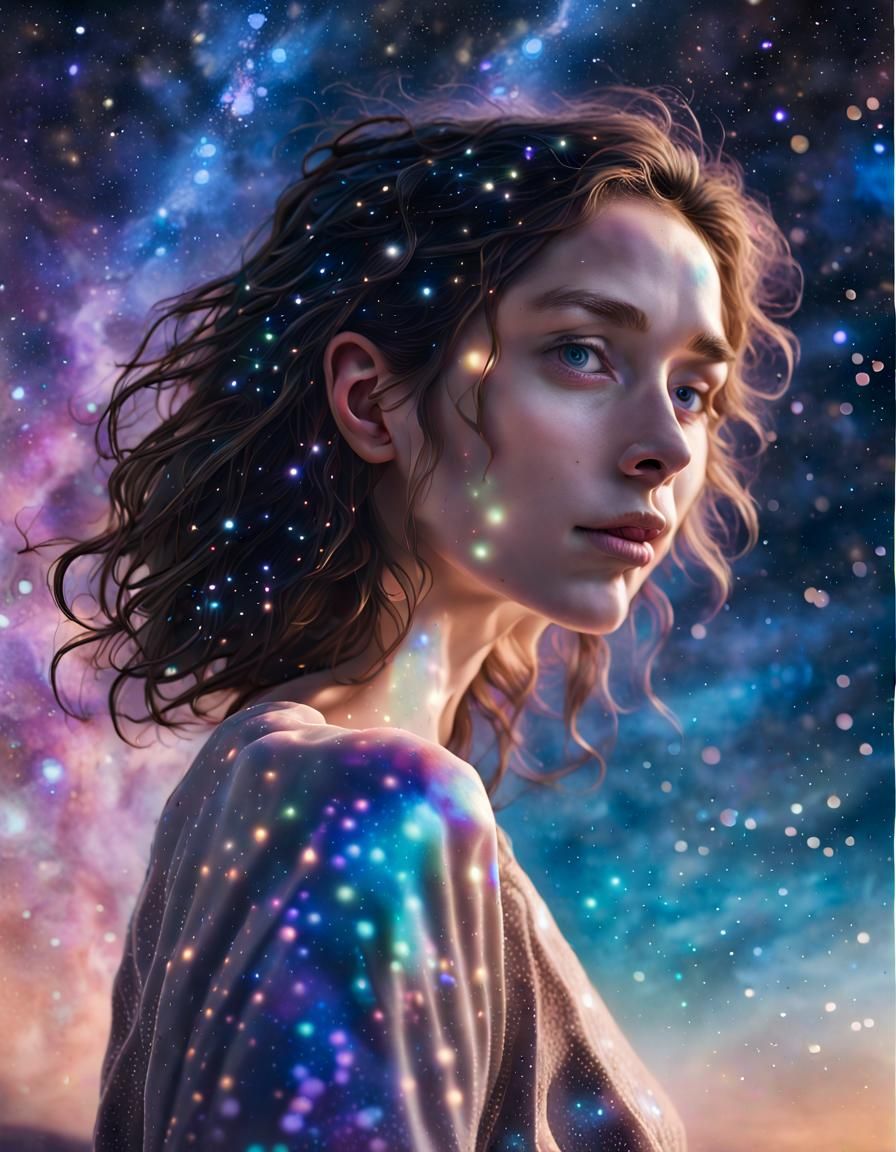 Woman in Cosmos Gazing at Night Sky