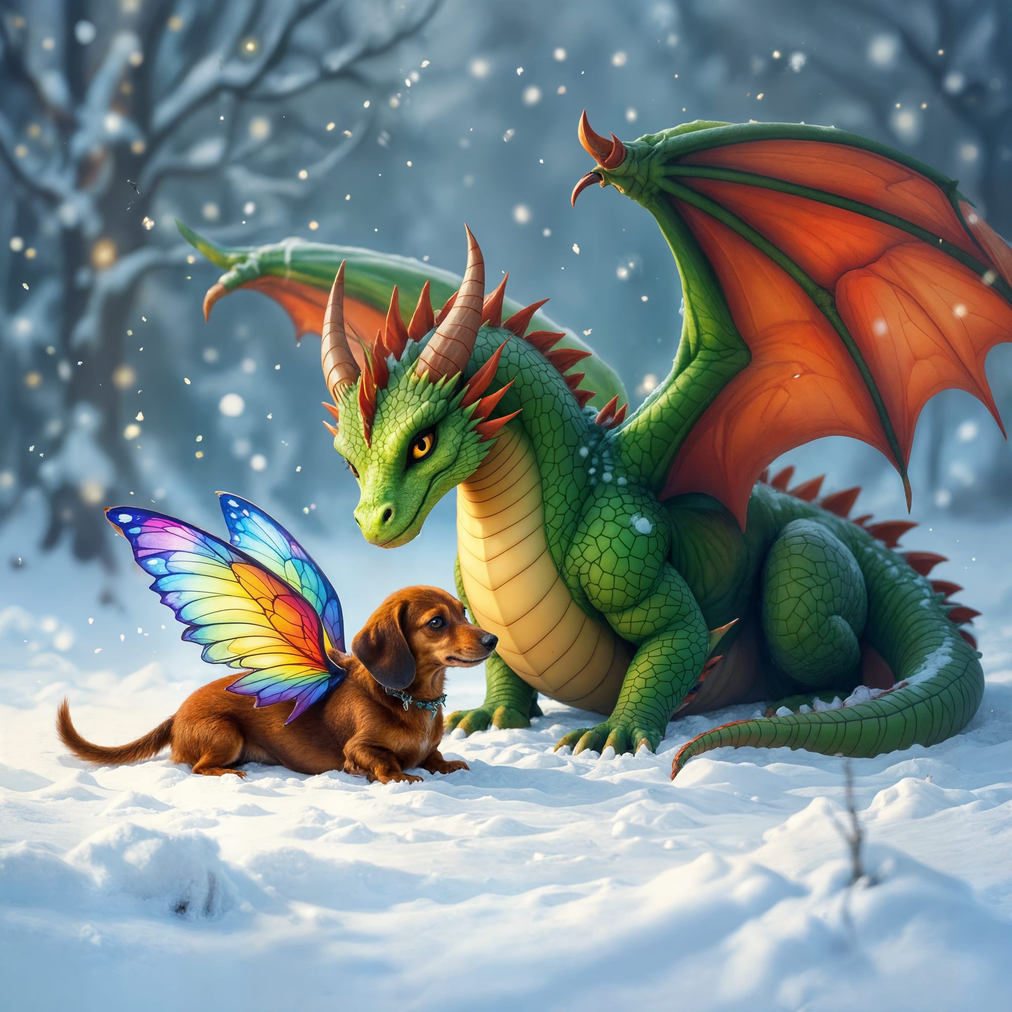 Little red dachshund dog. The dog is all red with no other colors. The dog has colorful fairy wings. The pure red dog has fallen into deep s...