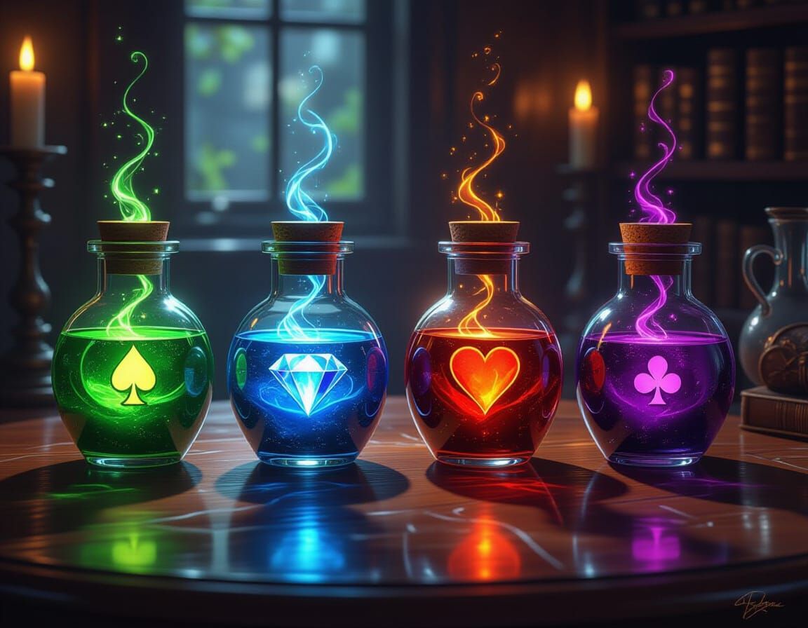 4 Jars solitaire cards elemental magic potion on the tables which is show the spade inside first jars, heart inside second jars, diamond ins...