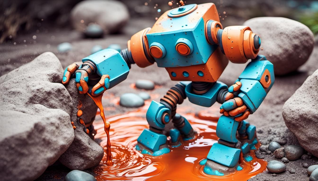 Sculpt a clay scene of a clay robot moving rocks, smooth AI Generated