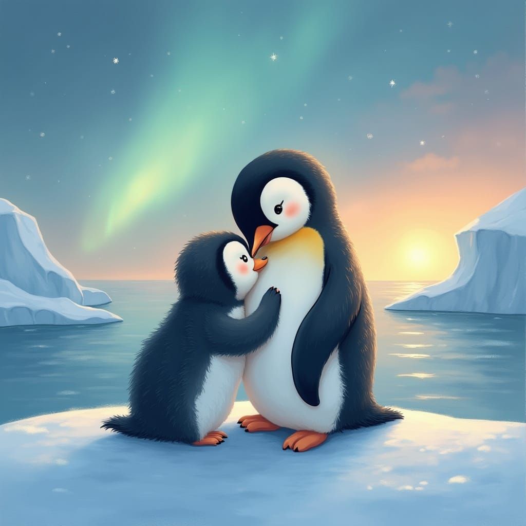Baby Penguin Cuddles Mother Under Aurora