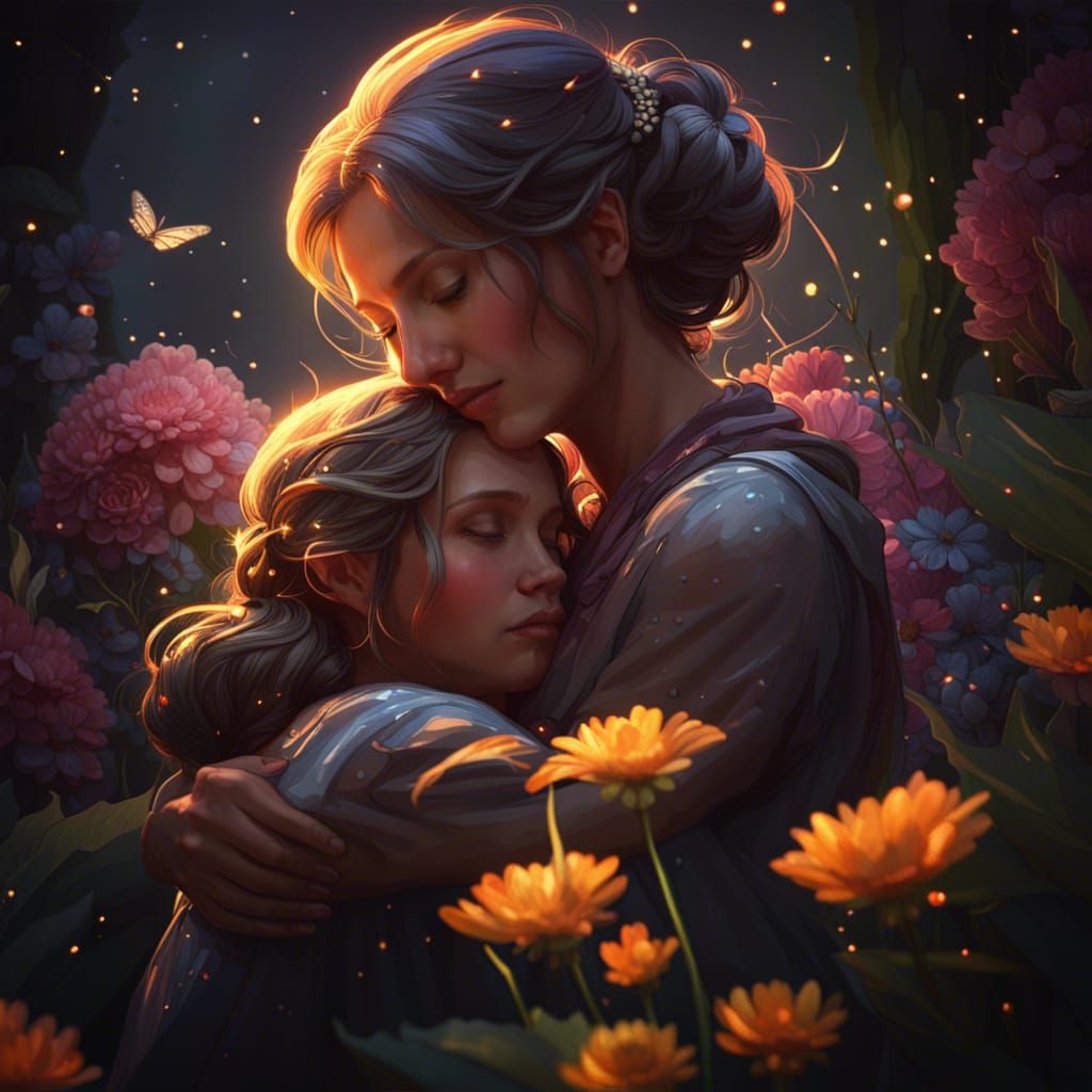 Mother daughter , garden, fireflies, flowers  by @Miracle