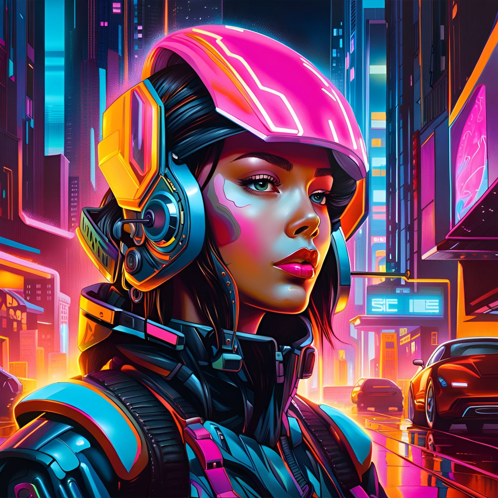 Portrait of a cyborg girl wearing futuristic face armor in a neon city ...