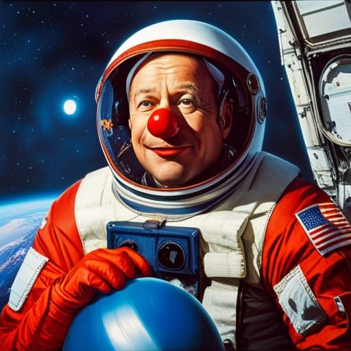 smiley clown floats in a clown spacesuit with a glass helmet in orbit ...