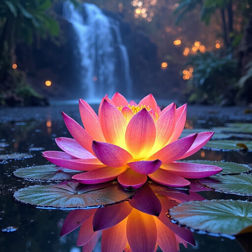 <lora:Aine Face:1.0> Splash paint neon splash paint waterfall red yellow pink blue purple orange and green peaceful lotus plant bloom in mag...