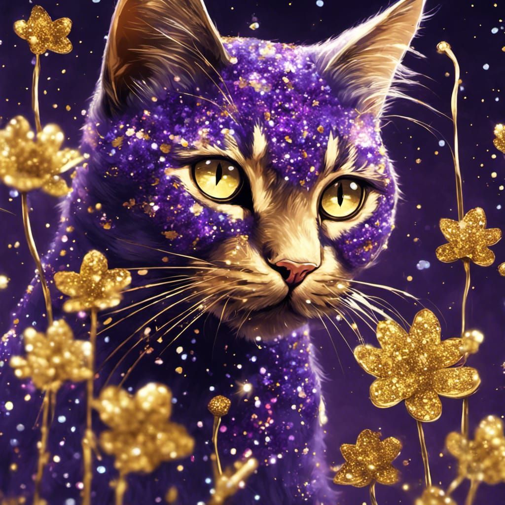 Purple Glitter cat in gold glitter flowers  by @Tiny Pearl Cat