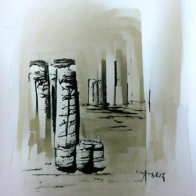 Ink Sketch on paper; stone pillars