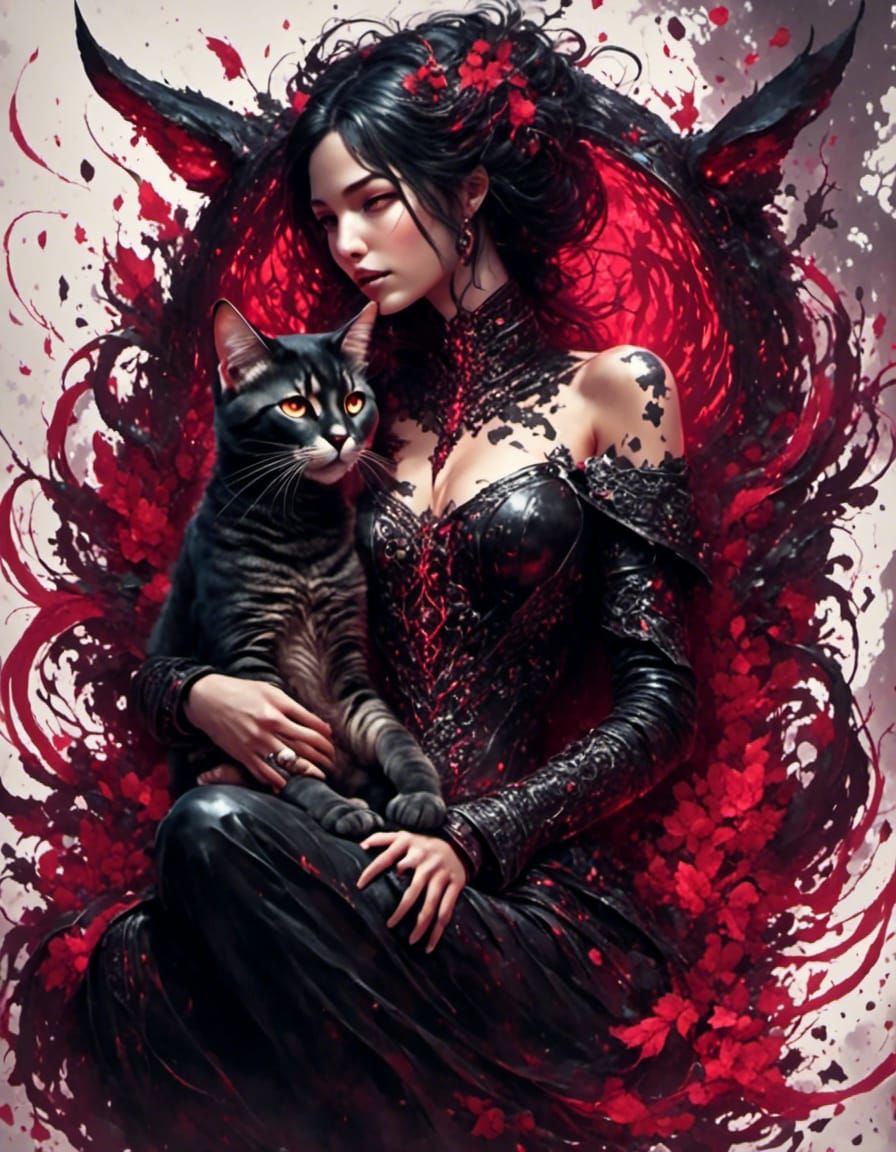 Macabre Cat on Lap in Dark Fantasy Ink Splatter Art