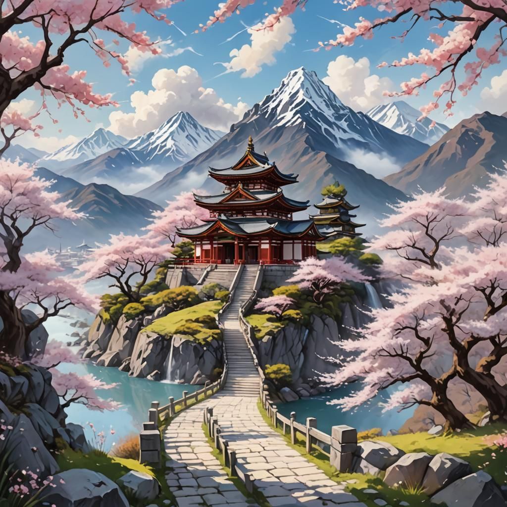 Temple Between Snowy Peaks with Cherry Blossoms