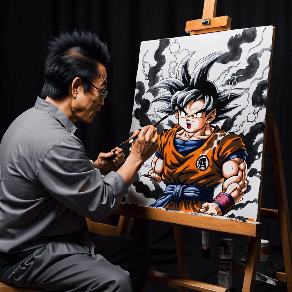 Akira Toriyama Sitting In Chair Painting A Manga With Goku Charging 