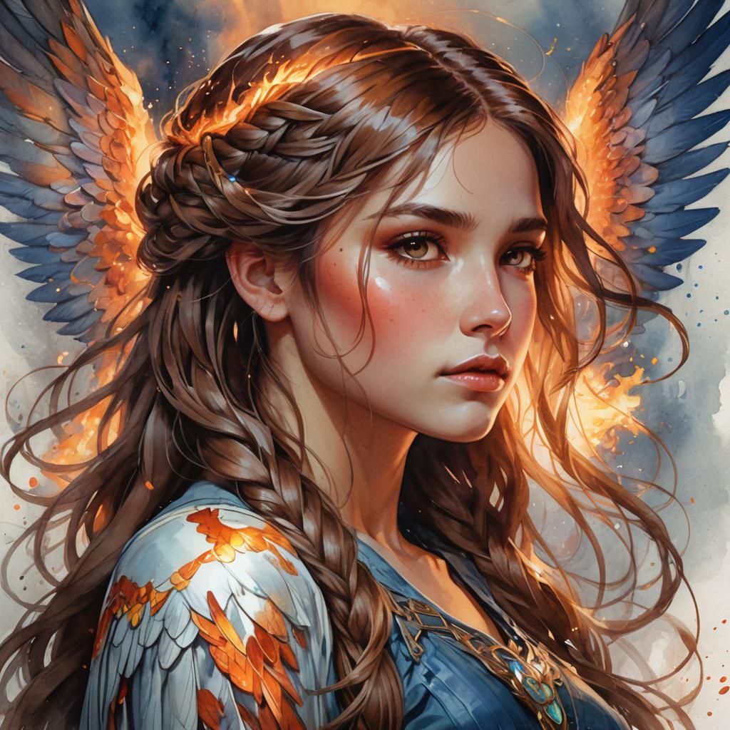 Watercolor Angel with Wings of Fire