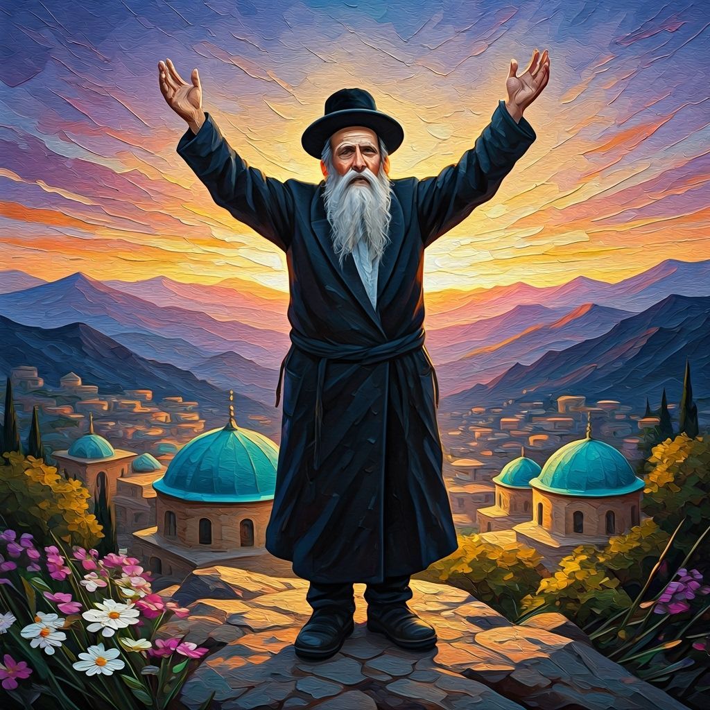 Hasidic Man in Impasto Sunset Landscape