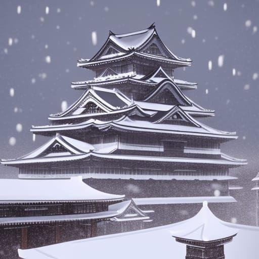 Himeji Castle during a tranquil snowfall, with the castle’s ...