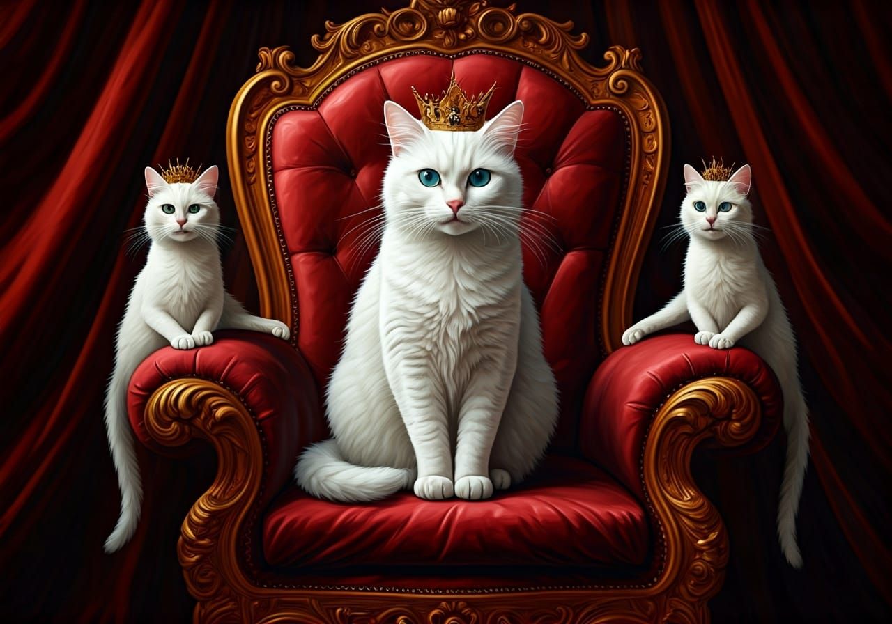 Majestic White Cat King on Velvet Throne as Impasto Painting