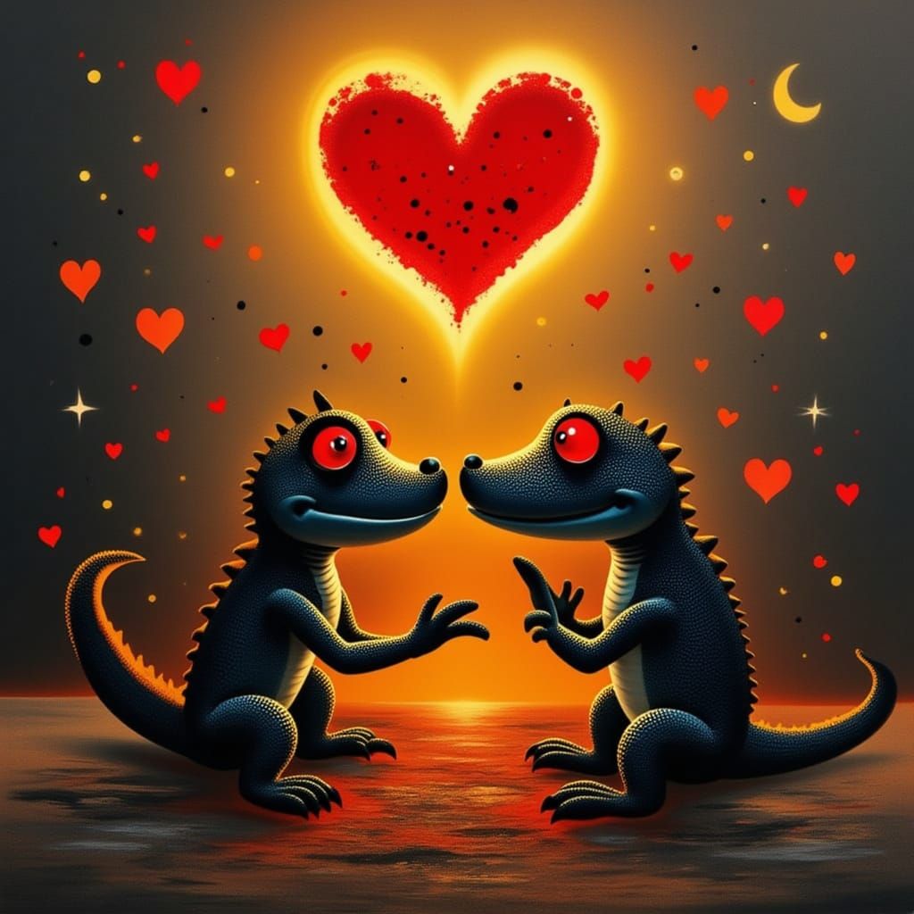 <lora:AQUA MIRO:1.0> A romantic couple of small cute black and red crocodilian demonic lava creatures with a volcano erupting love hearts