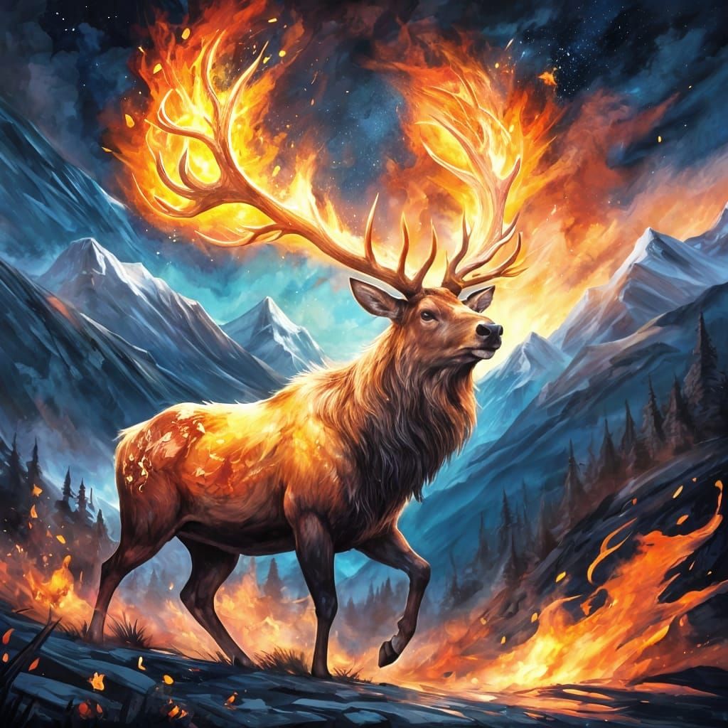 A majestic fire elk with large fire antlers is depicted mid-air, leaping in a dark, mountainous landscape. ...  by @p3pe