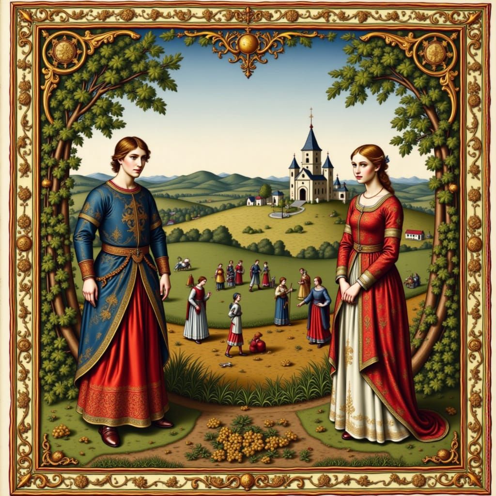 A medieval pastoral scene, showing a lord and lady in the foreground, with serfs tilling the fields near a church in the background, depicte...