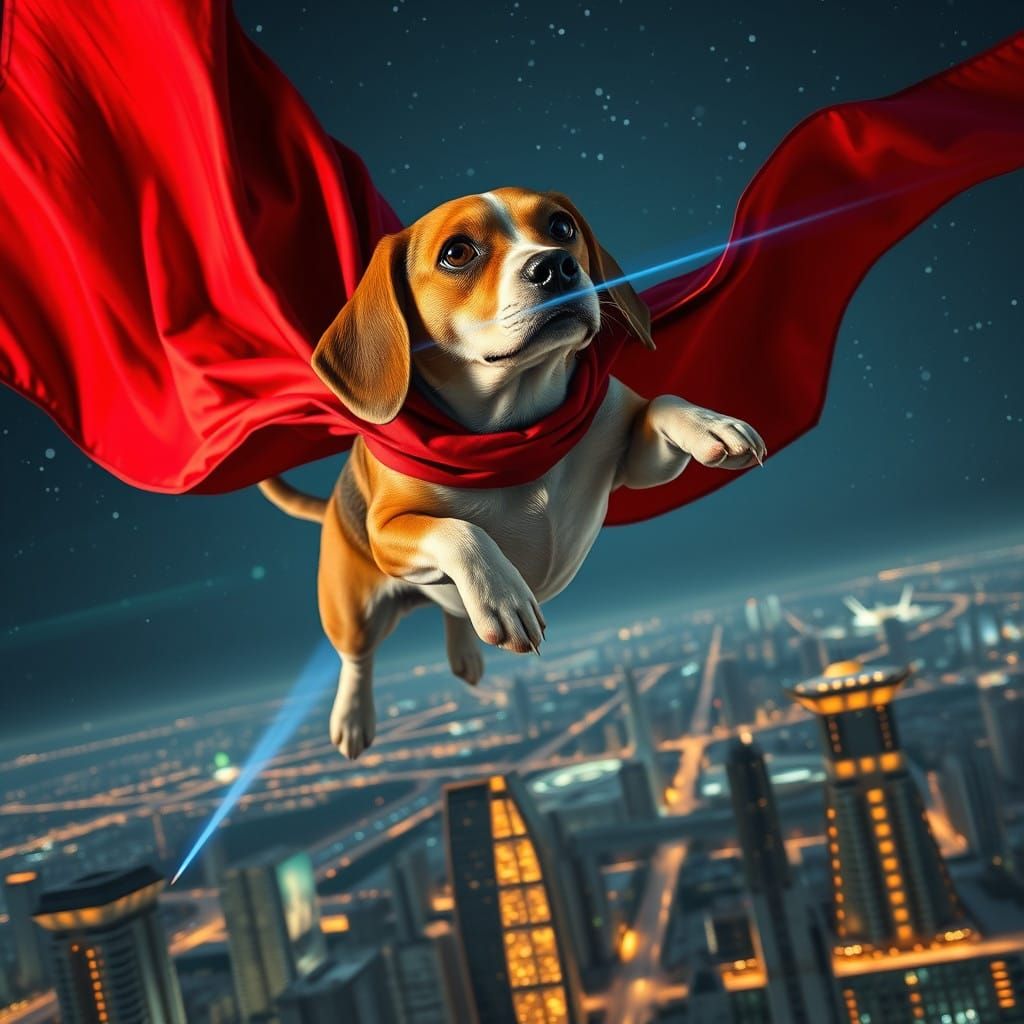 Un perro beagle heroico con una capa roja ondeando al viento vuela sobre una ciudad futurista iluminada ...  by @Rafael