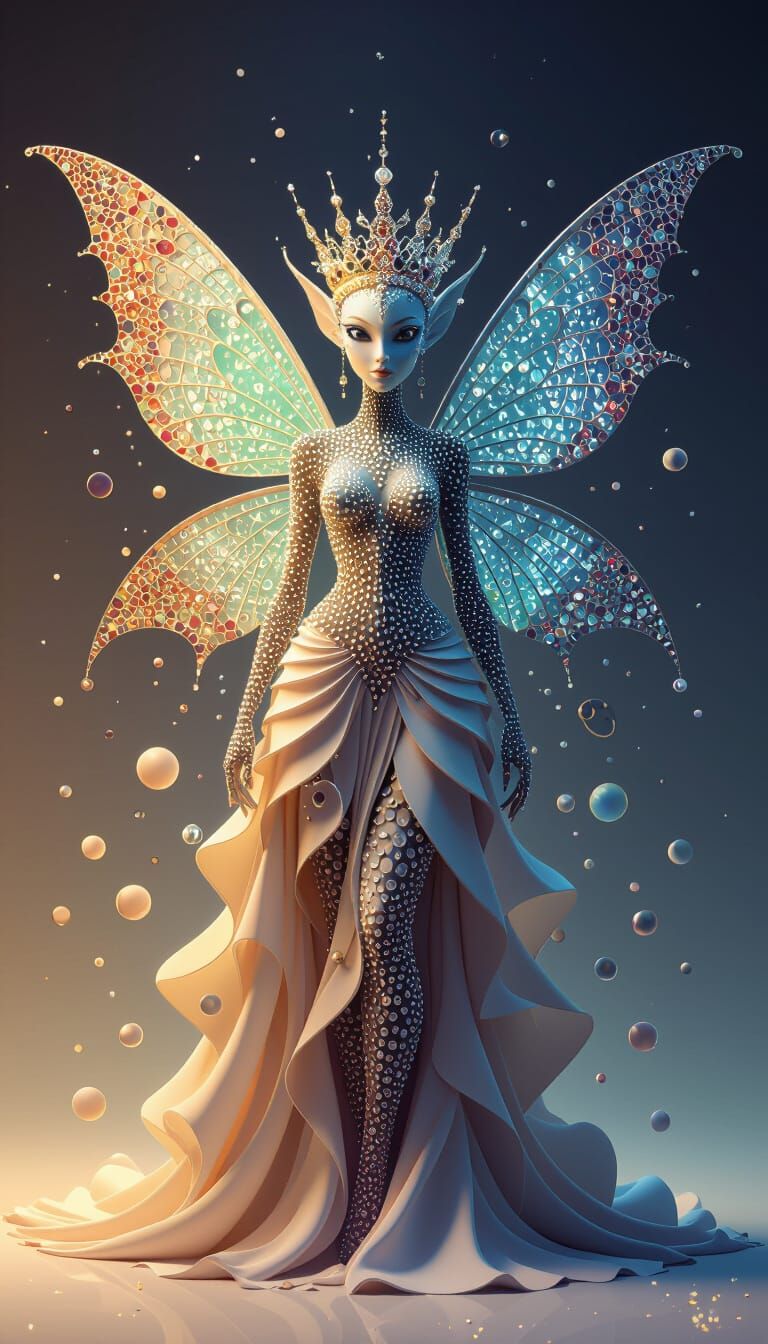 A highly abstract, vibrant, crowned fairy alien composed of ...