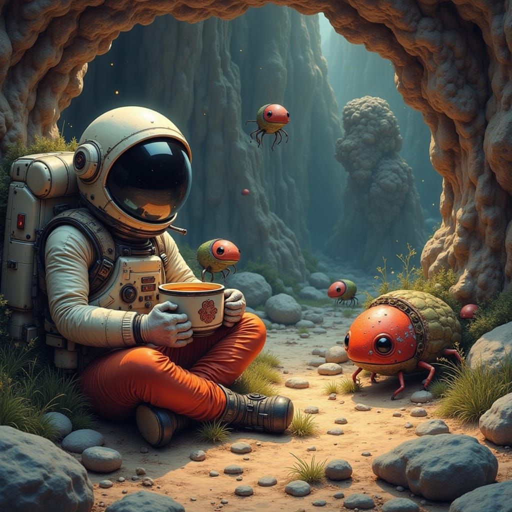 <lora:Lightstitch:1.0>Astronaut with a cup of tea surrounded by large curious bug aliens in a cave
