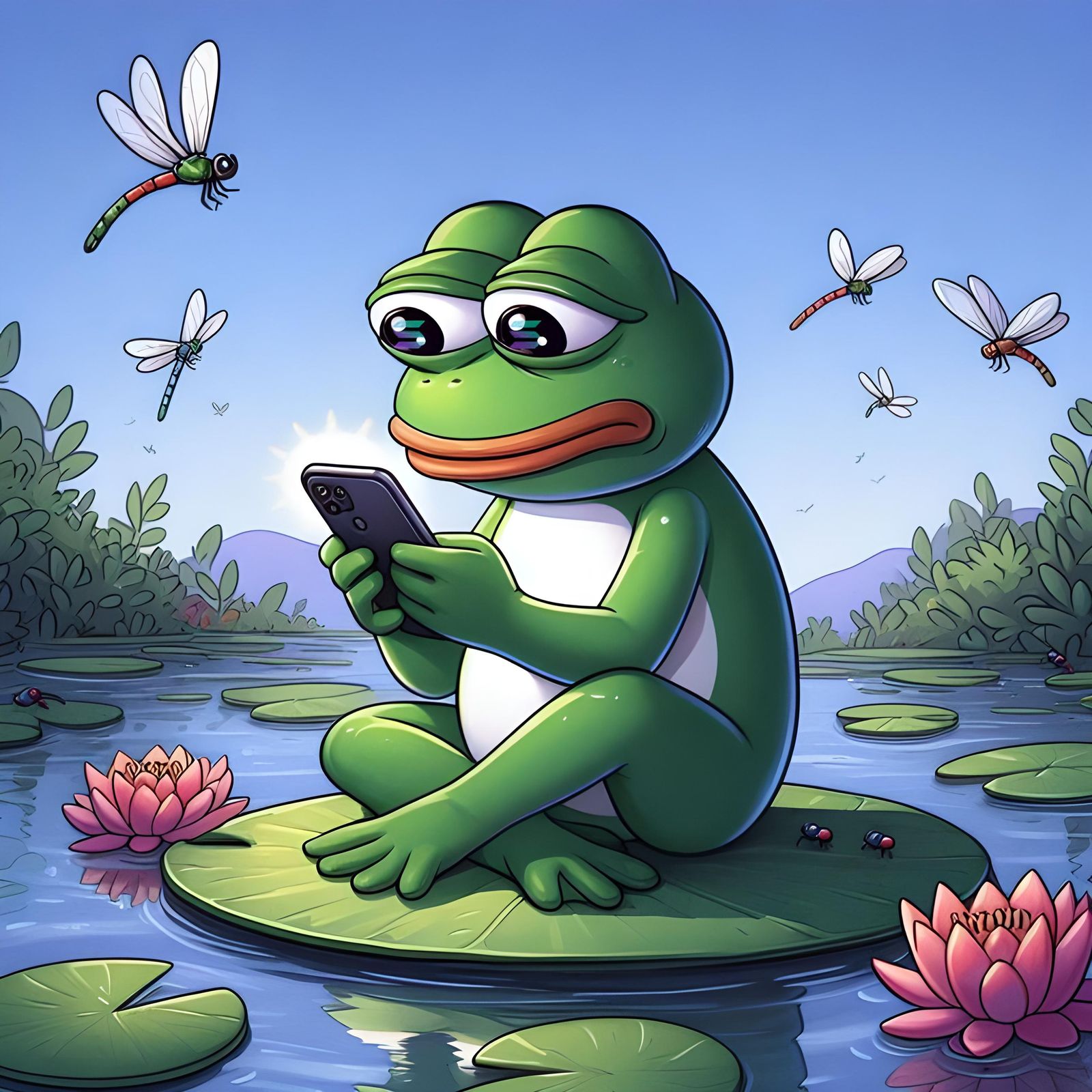 PEPE the frog with solana logos in his eyes in a pond on a l...