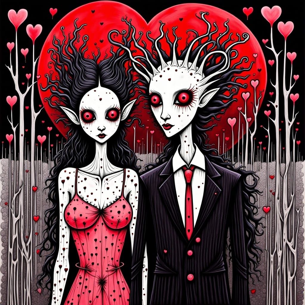 <lora:My Darking Valentine:1.0> Hellraiser and his wife in eerie surreal colorful ink gothic painting of "American Gothic" style, odd, creep...