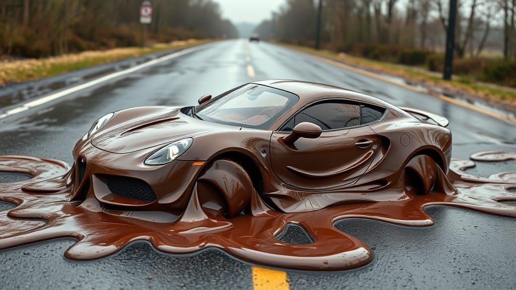 completely flattened and misshapen melted chocolate car spreading out in streams on the road in a shapeless ...  by @Athanasius