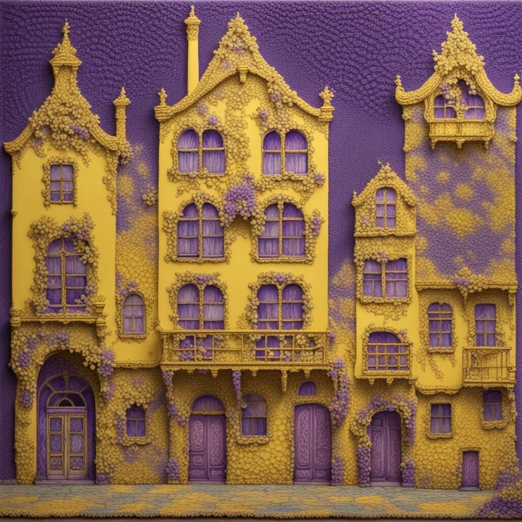 Entire village of painting imitating crochet, crochet collag...