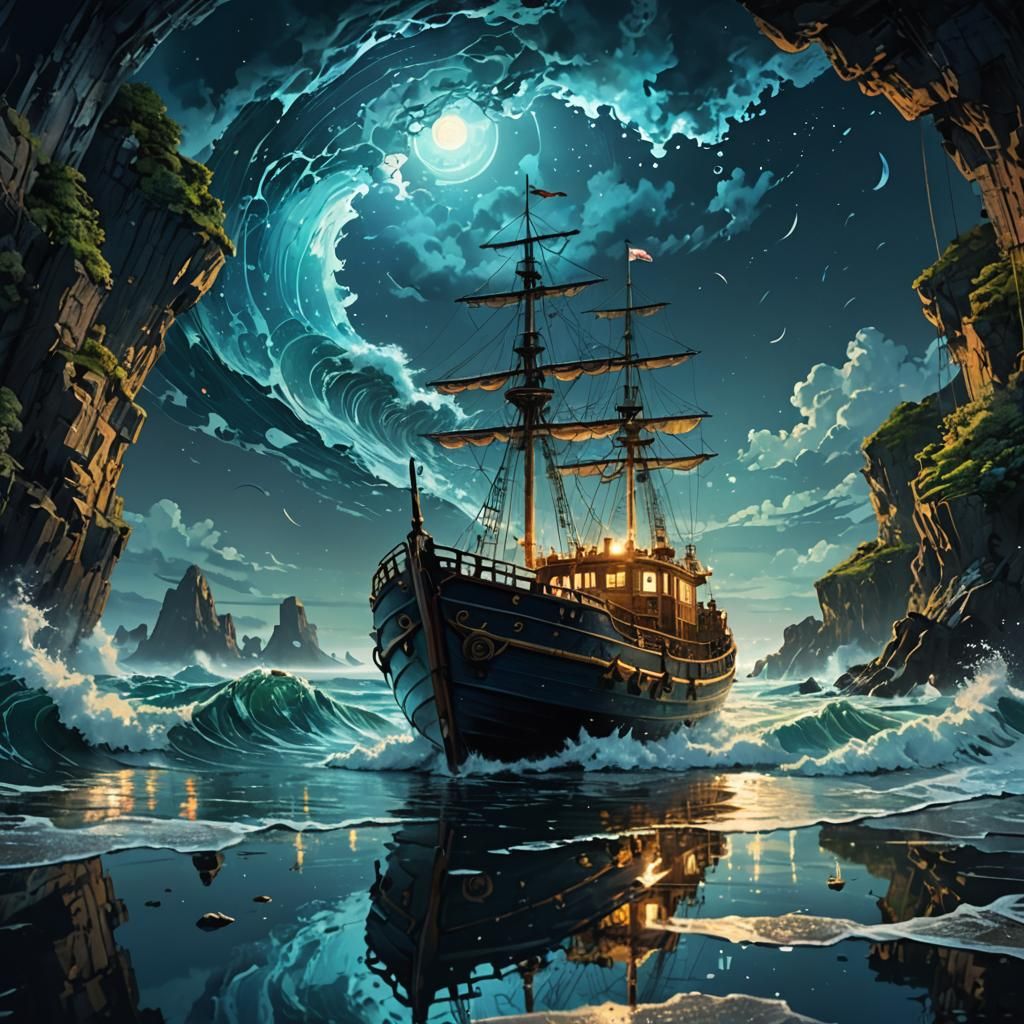 cinematic fantasy landscape of boat at high sea.