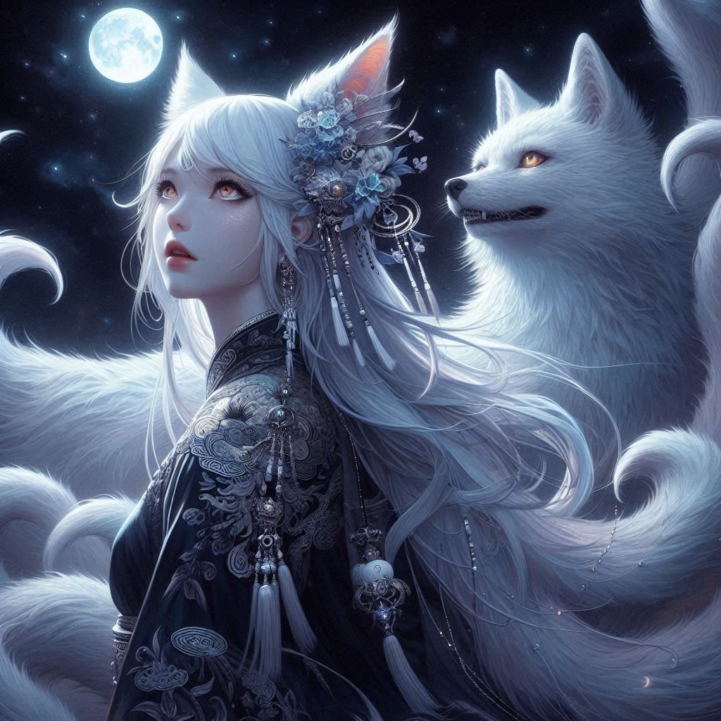 Huli, chinese nine-tale-fox with her spirit fox