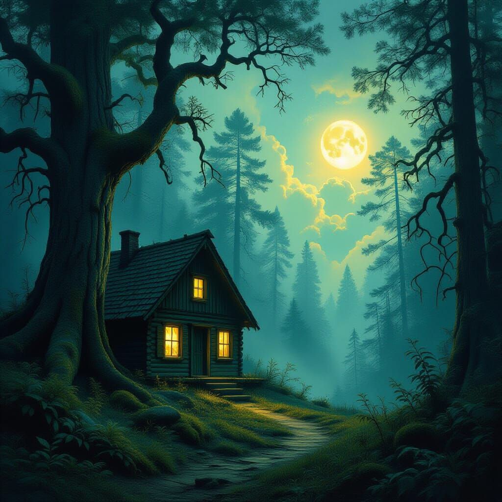A lone, weathered wooden cabin nestled deep within an ancient, mist-shrouded forest. Giant, gnarled trees with bioluminescent mosses reach t...
