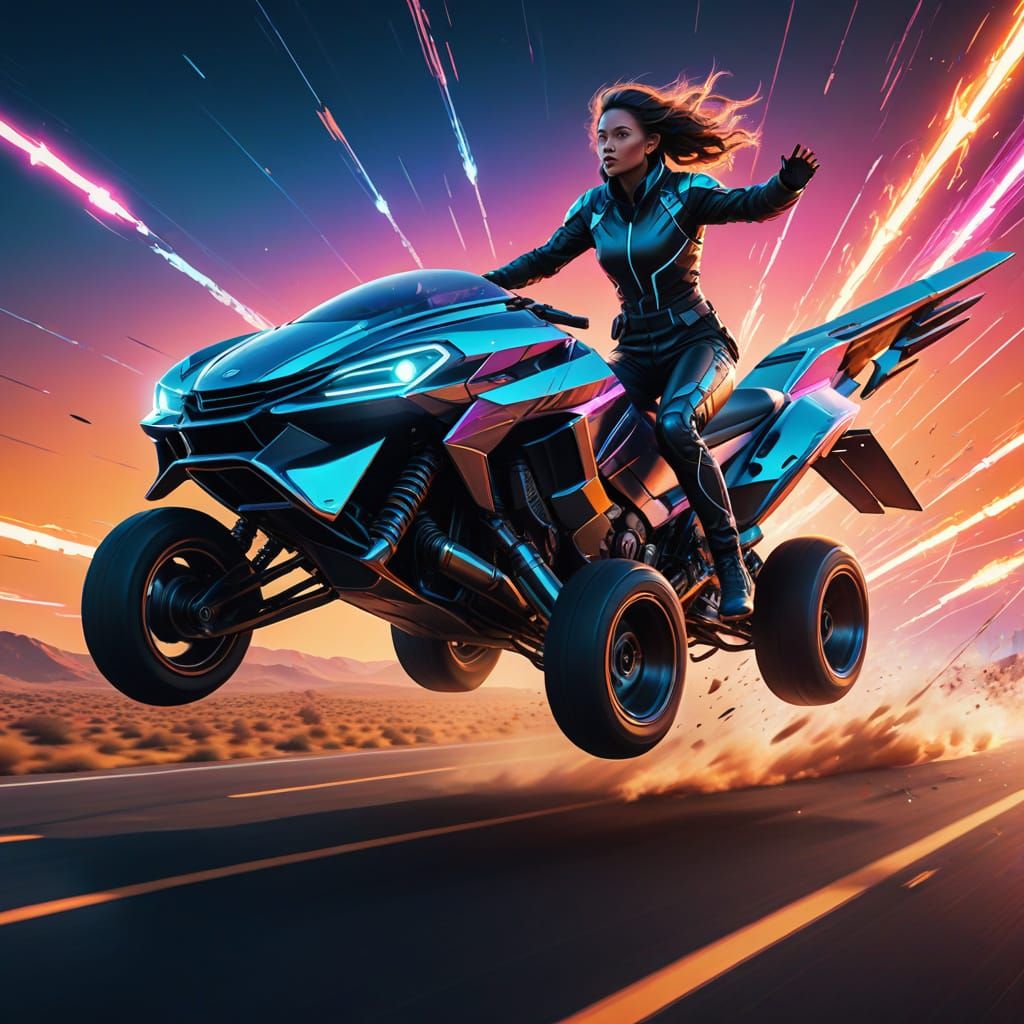 Woman Soars Through the Air with Futuristic Vehicle in Hand