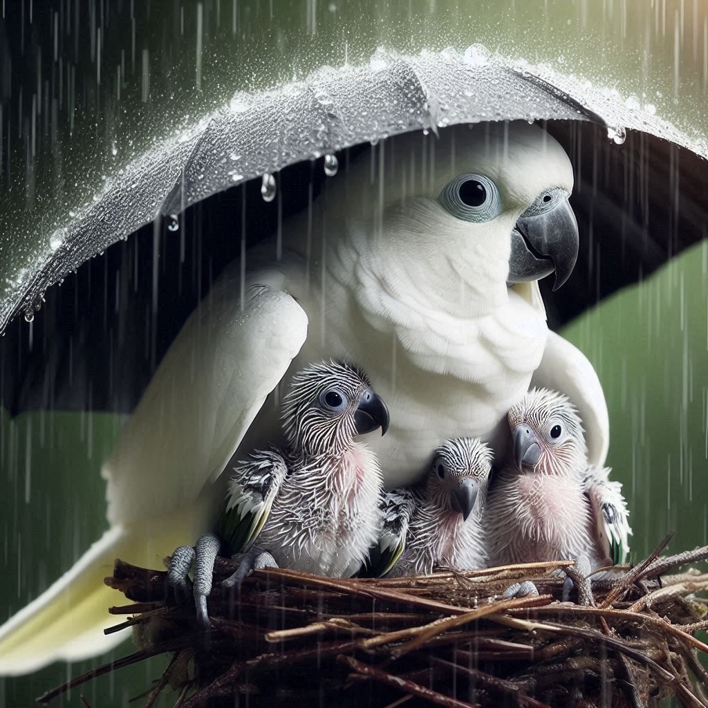 Maman perroquet protégeant ses petits