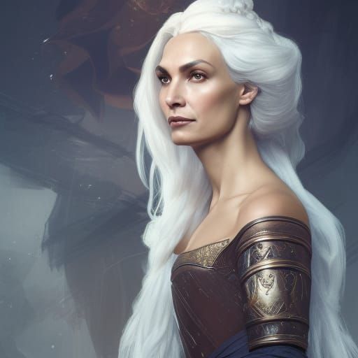 Famke Janssen as medieval queen with white hair