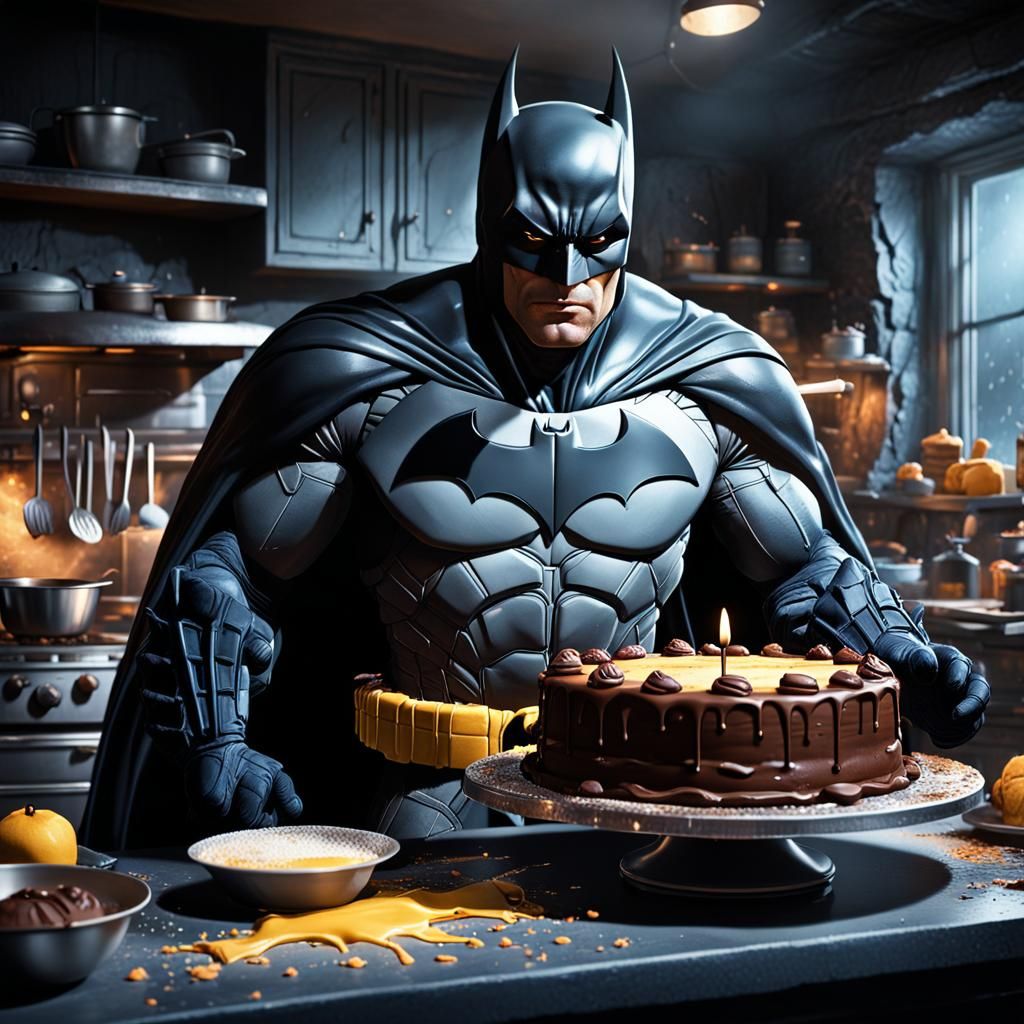 The image of Batman baking a cake in a kitchen that resemble...