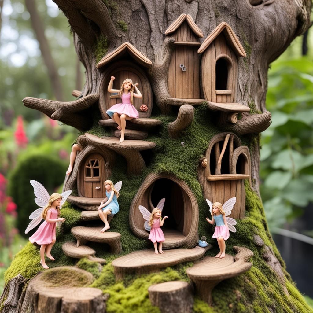 Fairy Village in a tree with realistic looking Fairies outside - AI ...