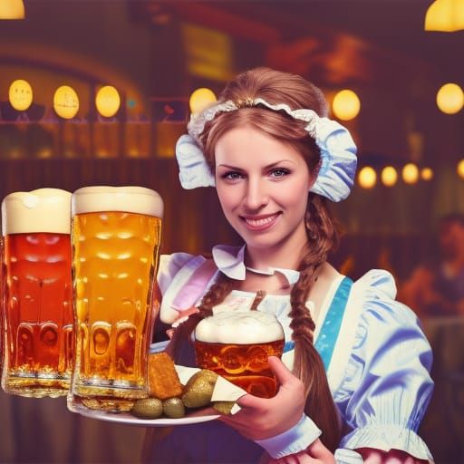 Octoberfest, Beautiful waitress wearing Bavarian dress trach...