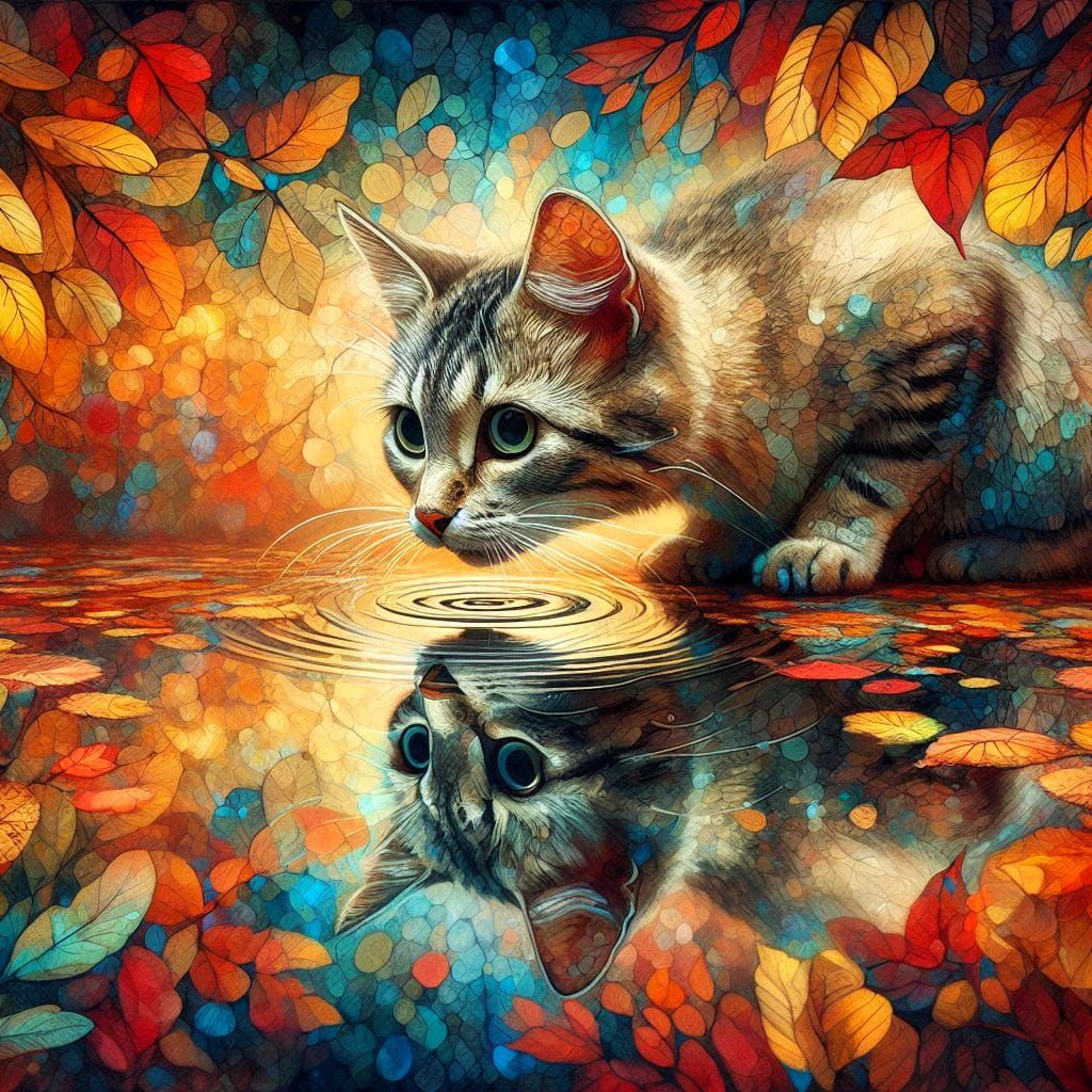 a tabby cat peering into a puddle