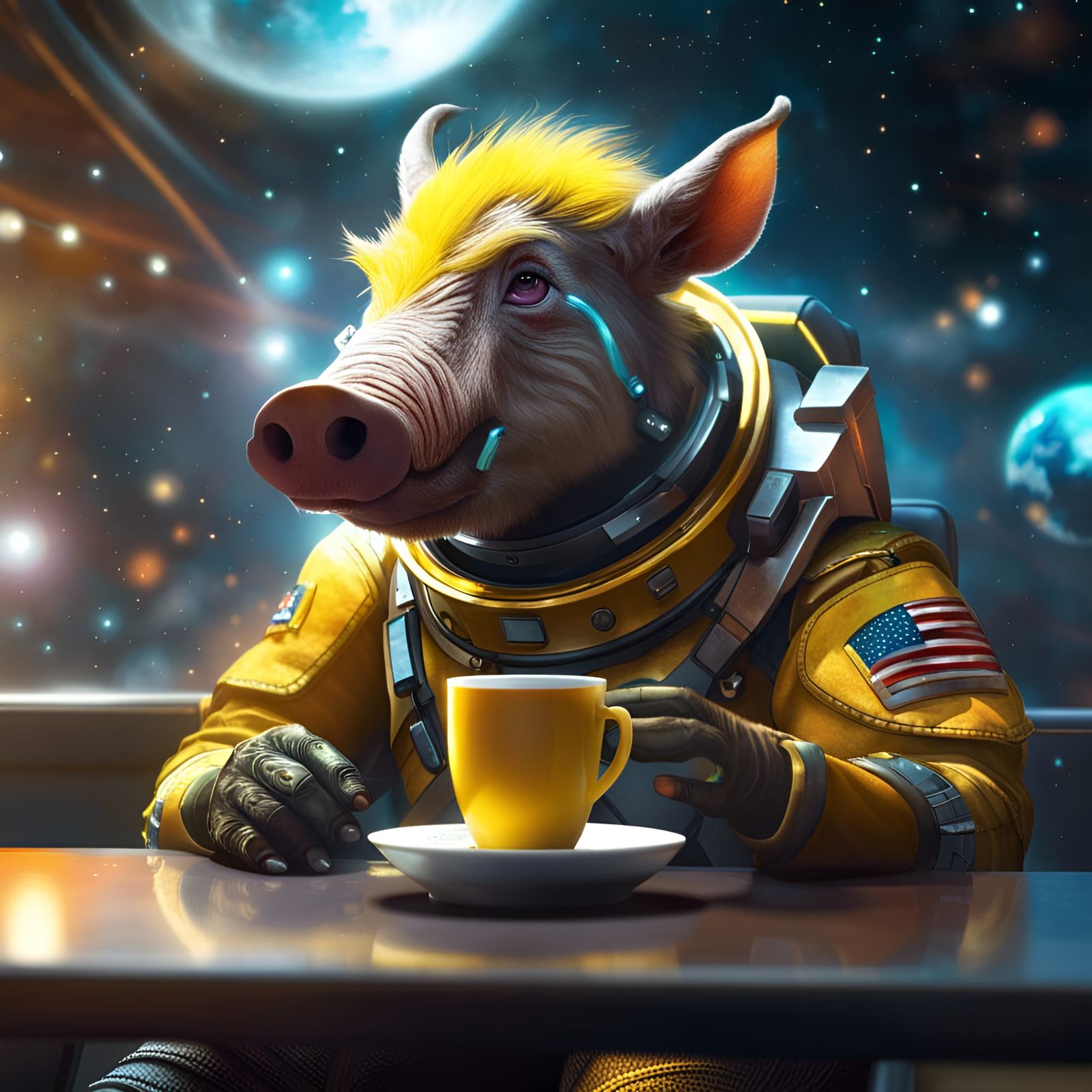 Warthog drinking coffee